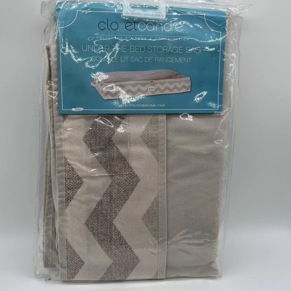 Under Bed Storage Bag Zippered Dust Proof Handles Chevron Tan Taupe New